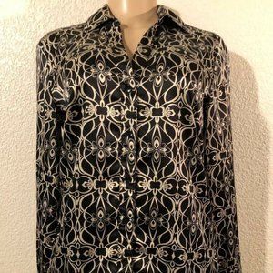 Mossino V neck Collar Women Sz M Shirt Long Sleeve pattern Black/gold Stretch
